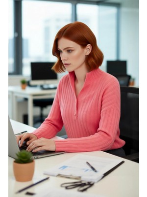 FRM Kadın Casual Fitilli Triko Kazak Orta Kalınlık Dik Yaka Düşük Kol Rahat ve Trend Kış Stili