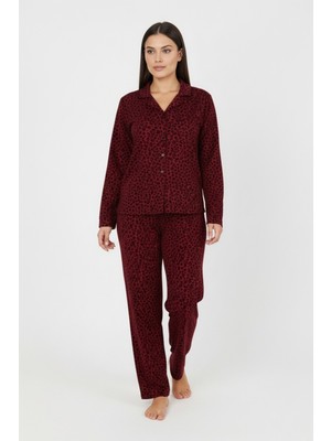Bravie Luxury Soft Bordo Leopar Desenli Uzun Kollu Kadın Pijama Takımı – Büyük Beden 3002