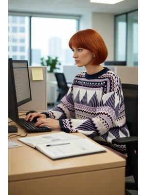 FRM Kadınlara Özel Etnik Desenli Oversize Düşük Kol Bisiklet Yaka Triko Kazak Soğuk Havalara Uyumlu