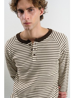 Giesto Kontrast Yakalı Çizgili Kahverengi T-Shırt