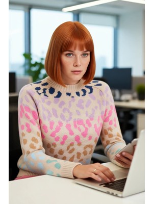FRM Kadın Basic Oversize Kalıp Bisiklet Yaka Triko Kazak Animal Desenli Uzun Kollu Kış Günleri Için