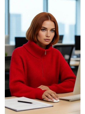 FRM Kadın Oversize Rahat Kesim Crop Fermuarlı Dik Yaka Akrilik Triko Kazak Soğuk Günler Için Ideal