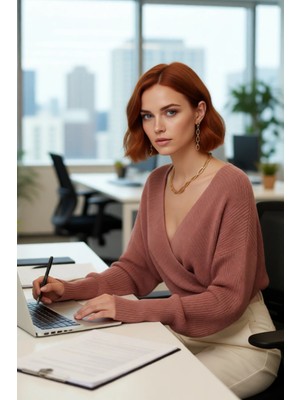 FRM Kadın Casual V Yaka Kruvaze Triko Kazak Regular Kalıp Tek Plaka Dokuma Rahat Kışlık Seçim Kaliteli