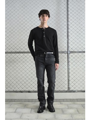 Giesto Metal Çıtçıtlı Uzun Kollu Siyah T-Shırt