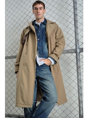 Giesto Kemerli Kruvaze Yaka Içi Polarlı Bej Trençkot