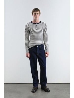 Giesto Kontrast Yakalı Çizgili Lacivert T-Shırt