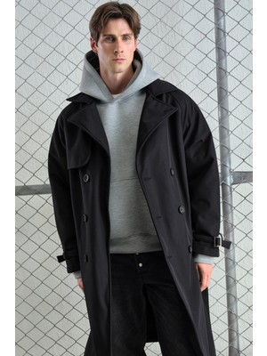 Giesto Kemerli Kruvaze Yaka Içi Polarlı Siyah Trençkot