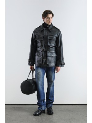 Giesto Kemerli Deri Siyah Parka