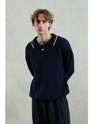 Giesto Gold Düğmeli Kontrast Çizgili Polo Yaka Lacivert Kazak