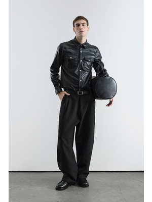 Giesto Çift Cepli Regular Fıt Deri Siyah Gömlek