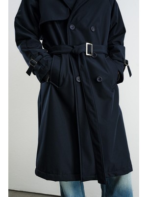 Giesto Kemerli Kruvaze Yaka Içi Polarlı Lacivert Trençkot