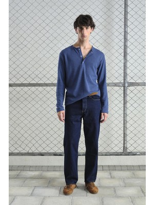 Giesto Metal Çıtçıtlı Uzun Kollu Indıgo T-Shırt