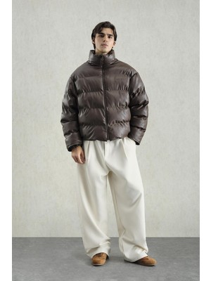 Giesto Kahverengi Şişme Deri Mont Erkek Dik Yaka Kalın Kapatma Tipi Fermuar Özellikli