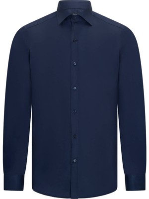 Hatemoğlu Lacivert Slim Fit Açık Italyan Yaka Uzun Kollu Saten Gömlek