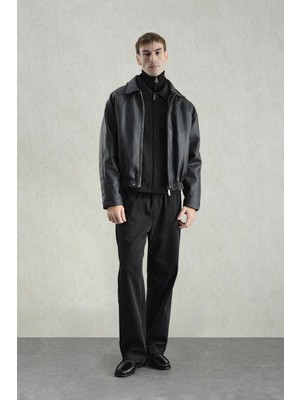 Giesto Dokulu Siyah Deri Ceket Erkek Oversize Gömlek Yaka Fermuarlı Modern Stil