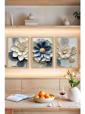 KutuTR 🖼️ Mavi ve Krem Tonlarında Kabartmalı Çiçek Temalı 3’lü Tablo Seti Çerçevesiz Mdf Uv Baskı CRVS1054 13 x 17