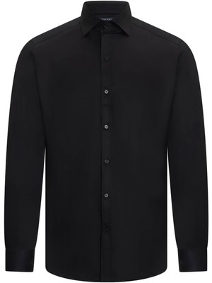 Hatemoğlu Siyah Comfort Fit Slim Yaka 100% Pamuk Devrik Manşet Uzun Kollu Saten Gömlek
