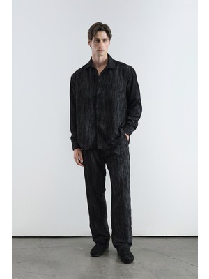 Giesto Efektli Pilili Kadife Siyah Pantolon