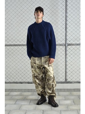 Giesto Baskılı Kalın Örgülü Triko Lacivert Kazak