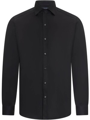 Hatemoğlu Siyah Slim Fit Açık Italyan Yaka Uzun Kollu Saten Gömlek