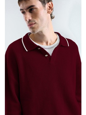 Giesto Gold Düğmeli Kontrast Çizgili Polo Yaka Bordo Kazak