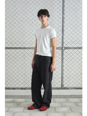 Giesto Çizgili Baggy Siyah Jean