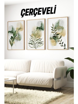 KutuTR 🌿 Yeşil Tonlarda Suluboya Bitkiler Temalı 3’lü Çerçeveli Tablo Seti 🌿 CRV1102 23 x 32