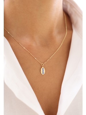 Zeyd Jewelry Vintage Stil Üçlü Lacivert Detaylı 14 Ayar Altın Kolye