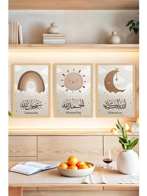 KutuTR 🌙 Gökkuşağı, Güneş ve Hilal Tasarımlı Çerçeve Görünümlü Tablo Seti 🌟 CRVS1093 30 x 40