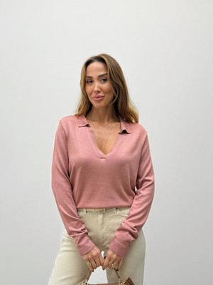 Maldia Shop Kadın Polo Yaka Basic Gül Kurusu Kazak