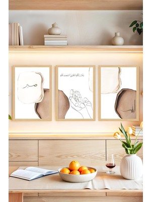 KutuTR 🖼️ Sabır - Dua - Tevekkül Temalı 3'lü Çerçeve Görünümlü Tablo Seti 🌟 CRVS1080 30 x 40
