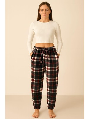 Pemilo Kadın Ekose Desenli Cepli Paça Lastikli Kadife Tek Alt Siyah
