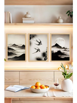 KutuTR 🌕 Dağlar, Kuşlar ve Ay Temalı Çerçeve Görünümlü 3’lü Dekoratif Tablo Seti 🌟 CRVS1108 30 x 40