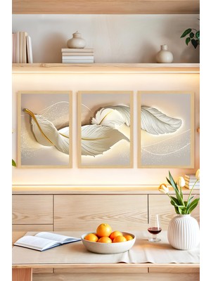 KutuTR 🌿 Altın Detaylı Beyaz Tüyler Temalı 3'lü Dekoratif Çerçeve Görünümlü Tablo Seti 🌟 CRVS1097 30 x 40