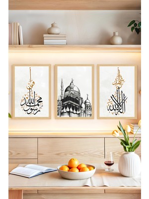 KutuTR 🕋 Kâbe ve Kelime-I Şehadet Temalı 3'lü Tablo Seti - Çerçeve Görünümlü 🌟 CRVS1092 30 x 40