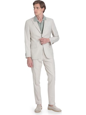 Hatemoğlu Bej Slim Fit Mono Yaka Keten Takım Elbise