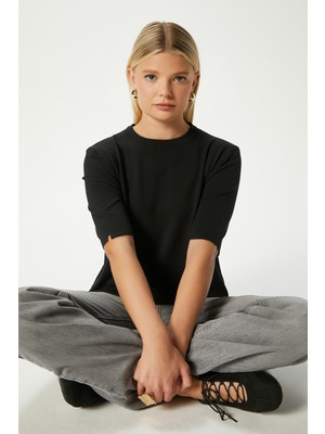 Viscose Doku Next Premium Selection Siyah Yarım Kol Triko Kazak