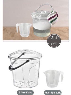 Flora 2’li Temizlik Kova Seti, Kapaklı Kulplu Plastik Su Kovası 5 Litre + Maşrapa 1,5 Litre Seti Şeffaf