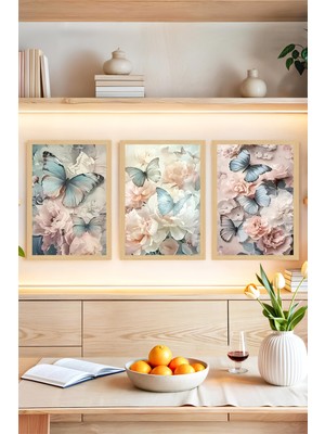 KutuTR 🦋 Kelebek ve Çiçek Temalı Çerçeve Görünümlü 3'lü Tablo Seti🌟 CRVS1117 30 x 40