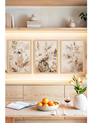 KutuTR 🌿 Bej ve Toprak Tonlarında Suluboya Çiçekler – 3’lü Çerçeve Görünümlü Tablo Seti🌟 CRVS1119 30 x 40