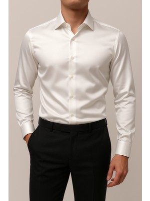 Cathecat Slim Fit Uzun Kollu Kolay Ütü Teri Emen Nefes Alan Doku Kravatlık Dört Mevsim Beyaz Erkek Gömlek