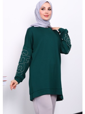 İmaj Butik Zümrüt Yeşili Kolu İşlemeli Modal Tunik