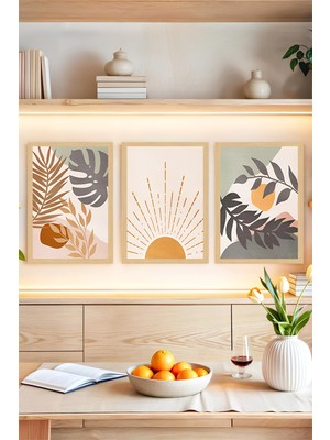 KutuTR 🍊 Çerçeve Görünümlü 3'lü Tablo Seti – Turuncu Güneş, Tropikal Yapraklar ve Soyut Bitki🌟 CRVS1138 30 x 40