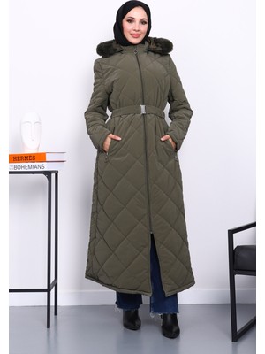 İmaj Butik Haki Kapüşonlu Kapitone Uzun Şişme Mont