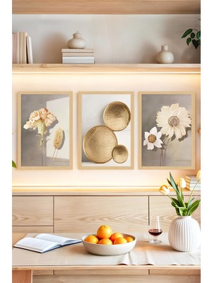 KutuTR 🖼️modern Doğallığın Yansıması Altın Tabak Çiçek Detaylı Tablo Seti Çerçeve GÖRÜNÜMLÜ🌟CRVS1140 30 x 40
