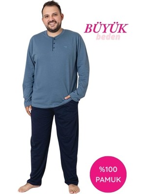Bie's Erkek Füme Lacivert Büyük Beden 3 Düğmeli %100 Pamuk Mevsimlik Uzun Kol Cepli Pijama Takımı