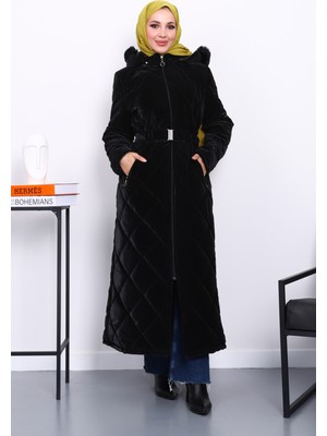 İmaj Butik Siyah Kapüşonlu Kapitone Uzun Şişme Mont