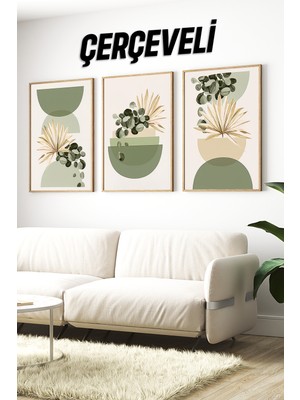 KutuTR 🌿 3’lü Çerçeveli Modern Yeşil Bitkili Minimal Tablo Seti – Saksı ve Yaprak Kompozisyonu🌿 CRV1153 23 x 32