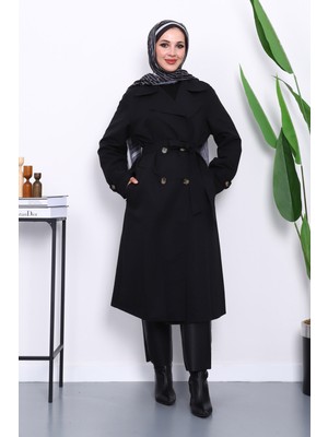 İmaj Butik Siyah Kruvaze Yaka Astarlı Trençkot