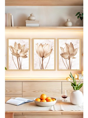KutuTR 🌸 Zarafetin Yeni Yüzü: Sepya Lotus Çiçekleri Temalı 3’lü Çerçeve Görünümlü Tablo Seti 🌸 CRVS1147 30 x 40